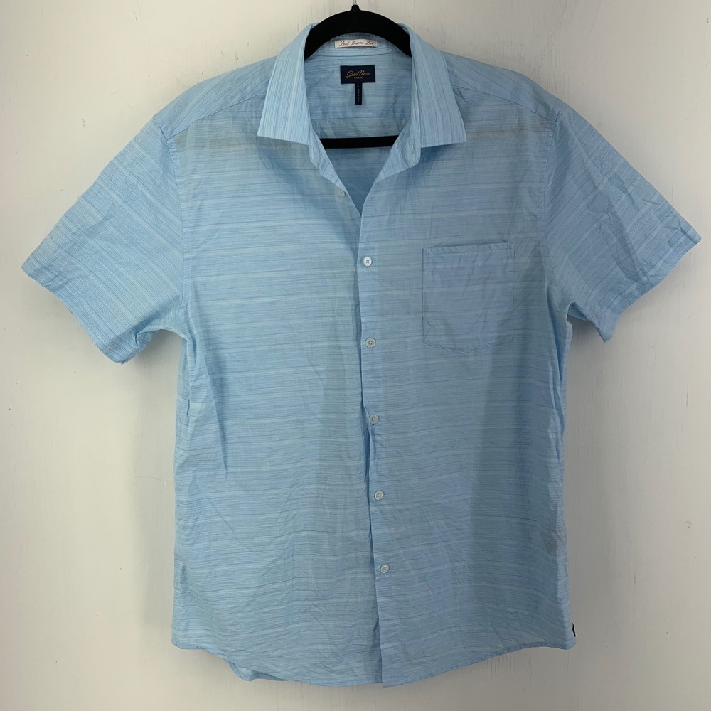 Good Man Mens Large Blue Striped Cotton Linen Coastal Beach Button Down Shirt